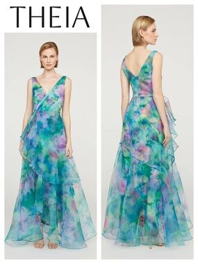THEIA Karen Organza V Neck Gown